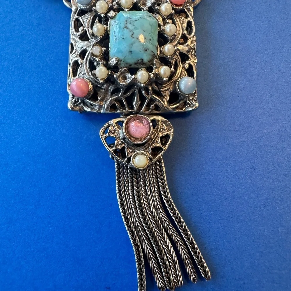 Vintage Etruscan Choker Necklace Tassel Heart Silver Tone Unsigned MCM Statement